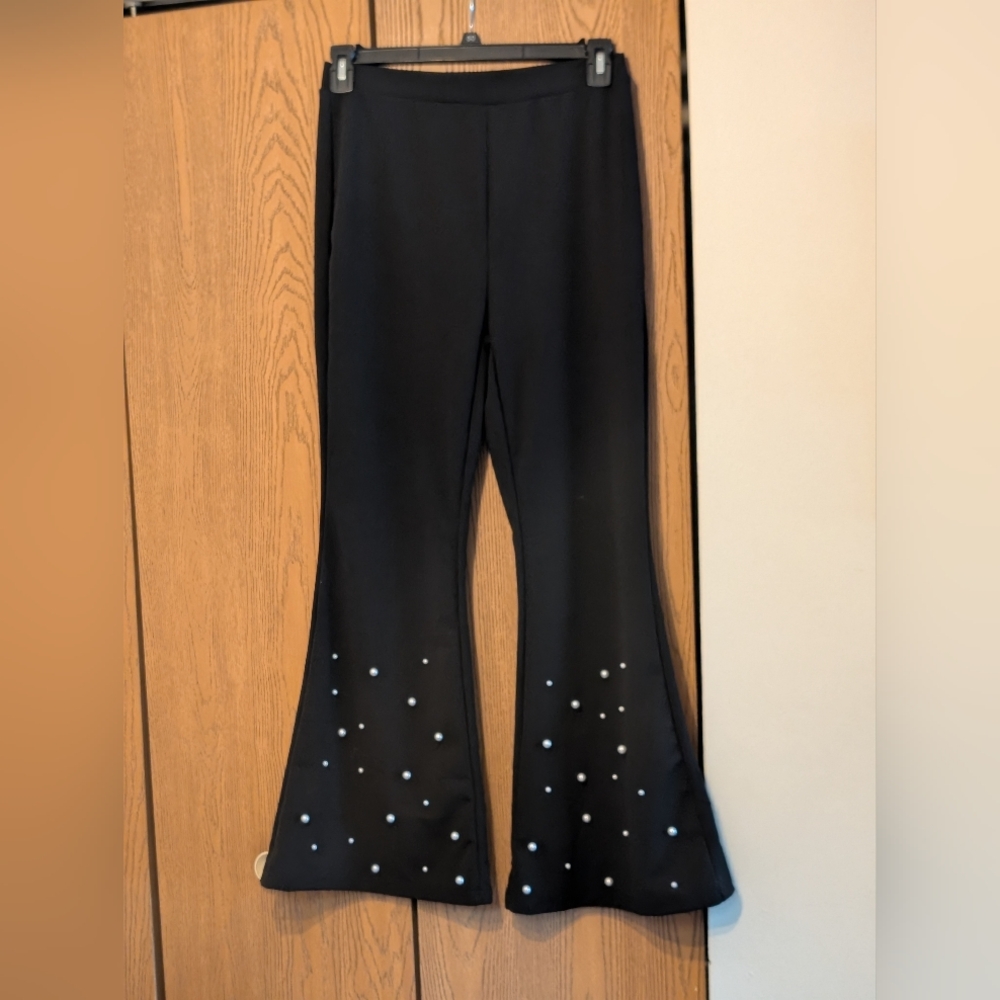 Black Flared Pants with Pearl Accents